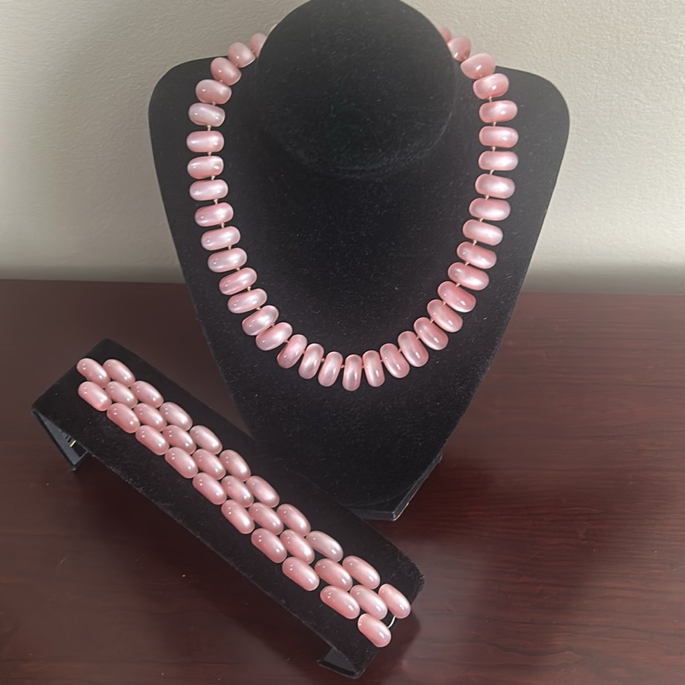 Vintage pink frost lucite necklace and matching bracelet. Sterling clasps.
